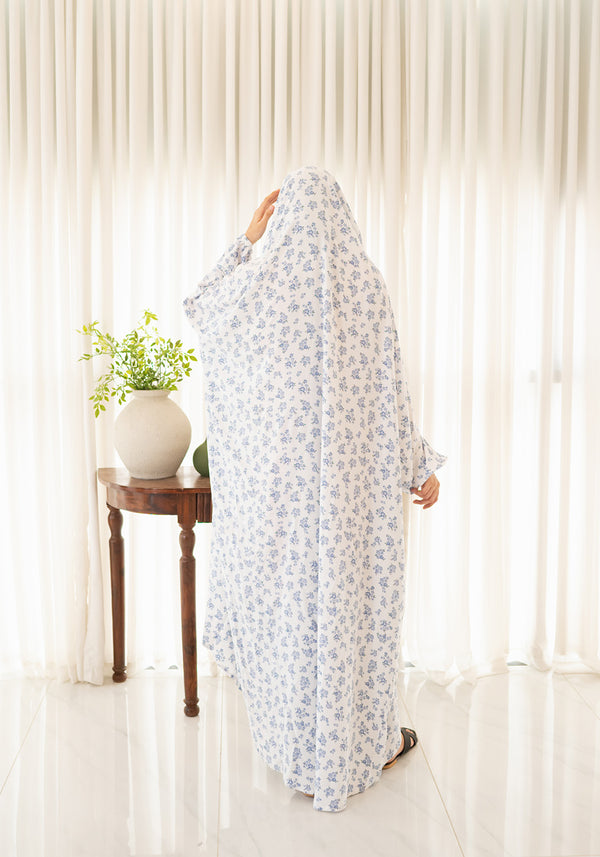 White & Blue Floral Prayer Jilbab